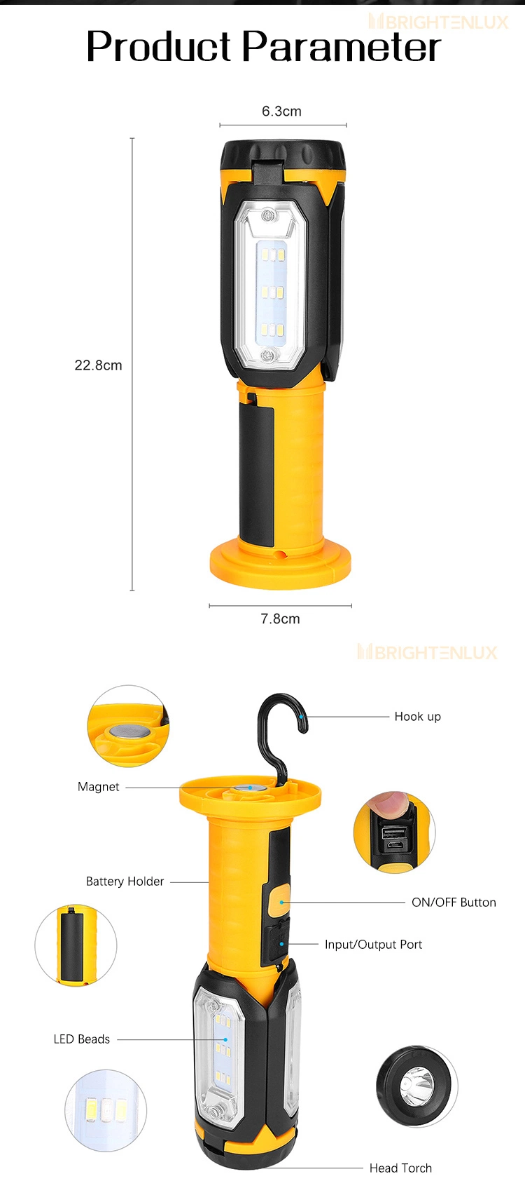 Brightenlux 2022 New Design High Bright Foldable Magnetic USB Rechargeable LED Work Light with Power Bank Function