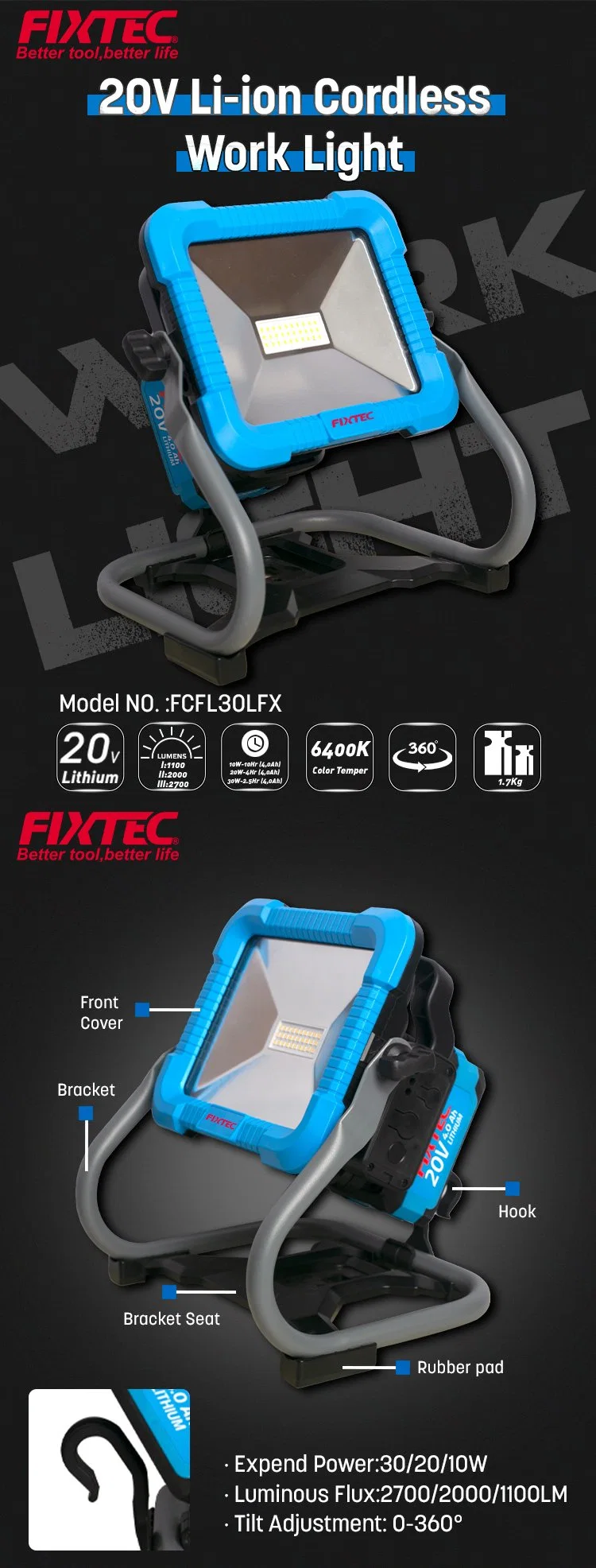 Fixtec LED Work Lights Rechargeable Magnetic Mechanic Light Portable Worklight 30W/20W/10W 2700/2000/1100lm Bright