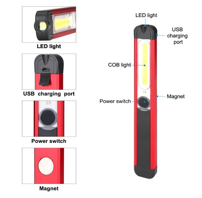 Emergency Aluminum LED Torch Spotlight Lamp Rechargeable Handheld LED Working Inspection Lighting Handheld Auto COB LED Work Light with Red Warning Magnet Clip