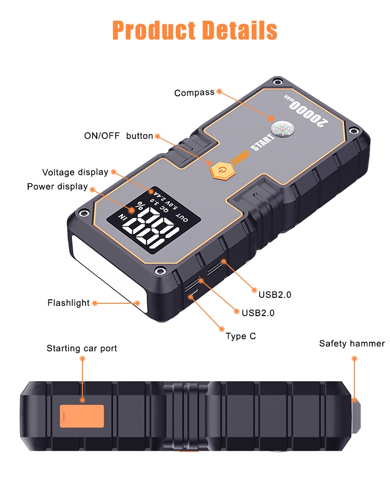 Car Emergency Start Power Supply 20000mA 12V Portable Power Bank Jump Starter for Car Booster Battery Starting Device
