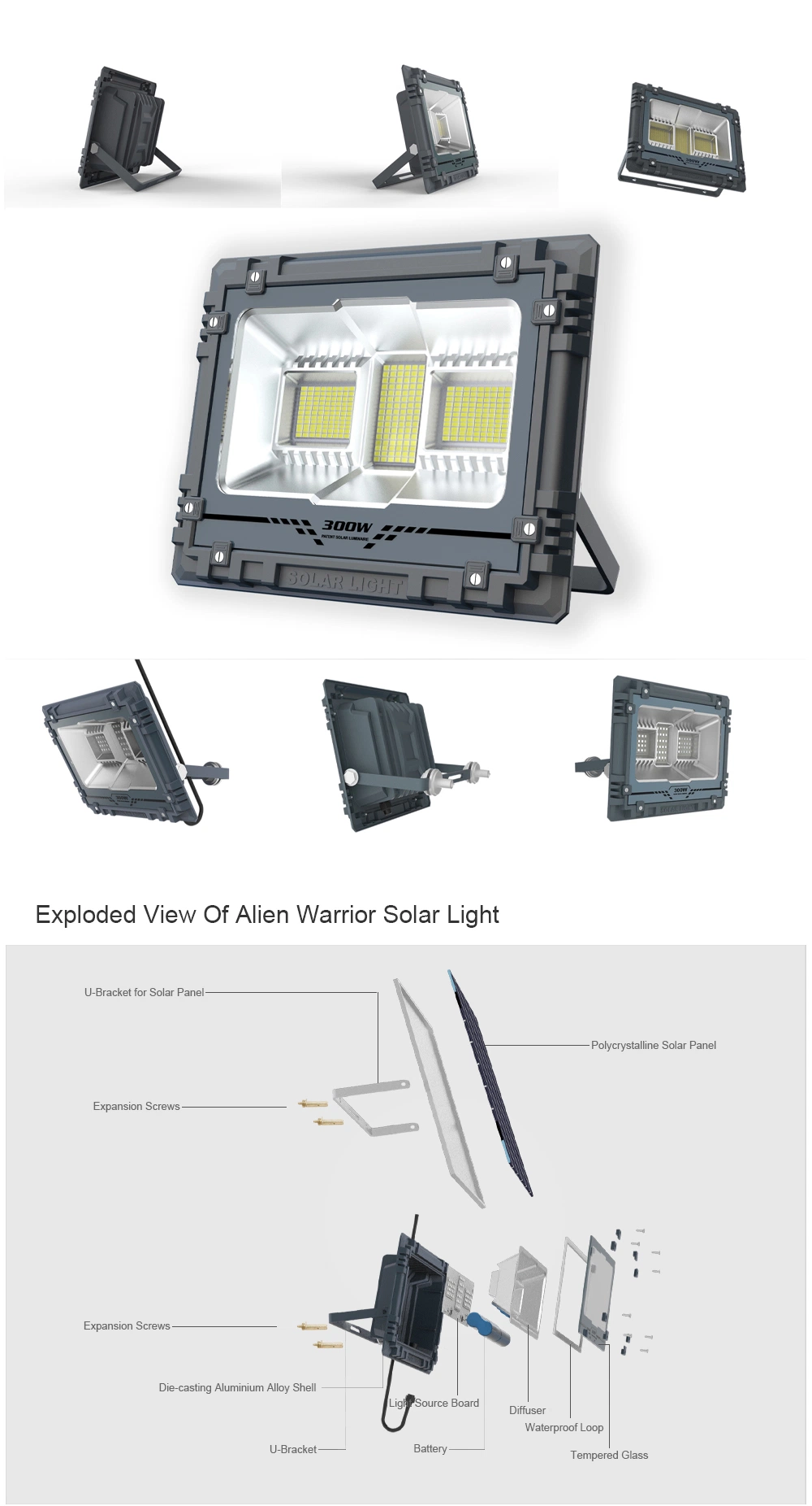 100W Solar Powered Motion Activated LED Security Flood Lighting