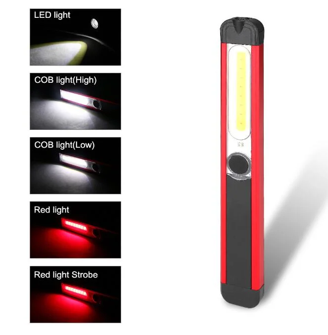 Emergency Aluminum LED Torch Spotlight Lamp Rechargeable Handheld LED Working Inspection Lighting Handheld Auto COB LED Work Light with Red Warning Magnet Clip